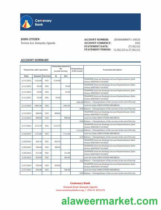 Uganda Centenary bank statement, Excel and PDF template